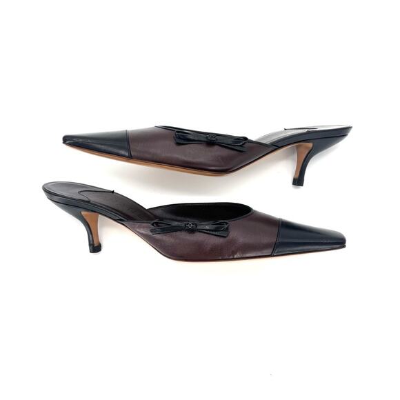 Vintage Chanel Karl Lagerfeld Era Bow CC Logo Cap Toe Kitten Heel Mules 37 - Picture 5 of 11